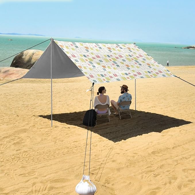 ALAZA Grid Geometric Blocks Beach Tent Sun Shelter UPF50+ Protection Beach Shade Canopy w/ 4 Sandbags for Outdoor Camping Fishing Backyard Fun Picnic 10x9 ft
