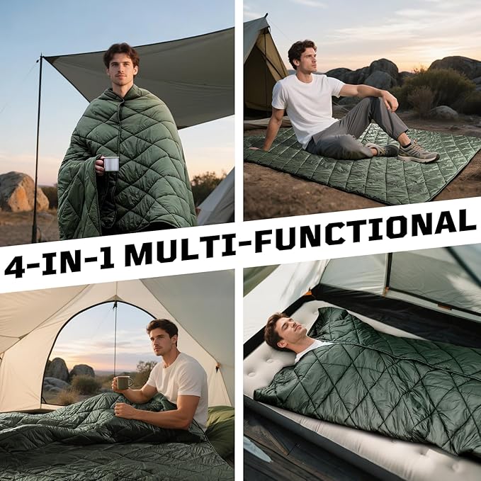 Camping Blanket - Packable Ultra Warm and Lightweight with Snap Button Backpacking Quilt for Sleeping Outdoors Travel and Indoor Use - Olive Green