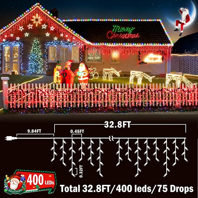 KNONEW Christmas Lights Outdoor Decorations 400 LED 33ft 8 Modes Curtain Fairy String Light with 75 Drops Clear Wire LED Hanging Light Decor for Wedding Party Holiday Christmas Decorations (Red)