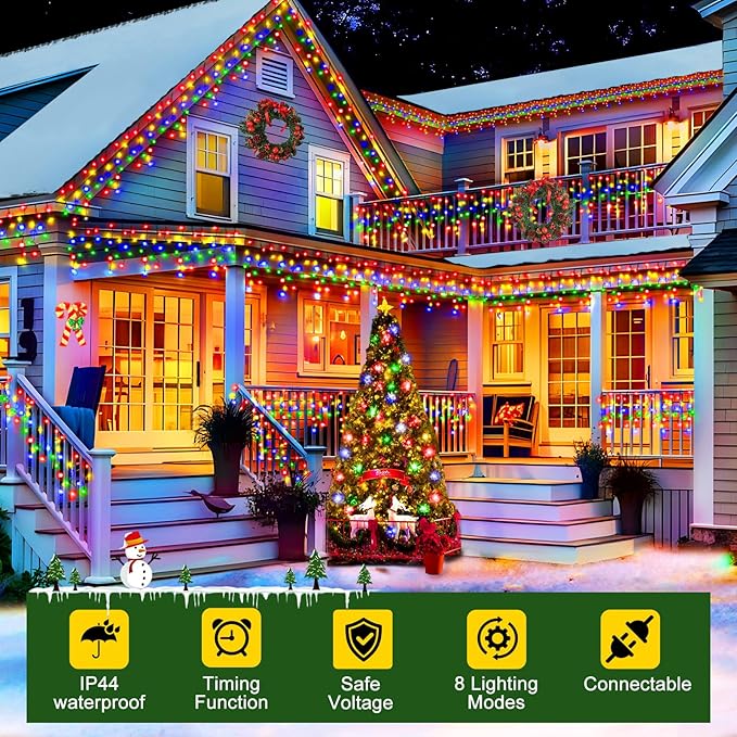 Hezbjiti 400LED Christmas Icicle Lights - 33FT Dark Green Wire with 8 Modes &amp 75 Drops for Outdoor Decor
