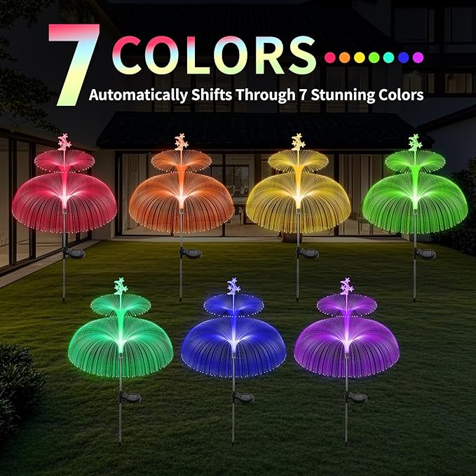 Solar Garden Lights Outdoor Solar Lights 7 Color Changing Jellyfish &amp Star Waterproof Solar Flower Lights for Garden Decor Yard Patio Lawn Pool Party Wedding Gifts for Women/Mothers - 6 Pac