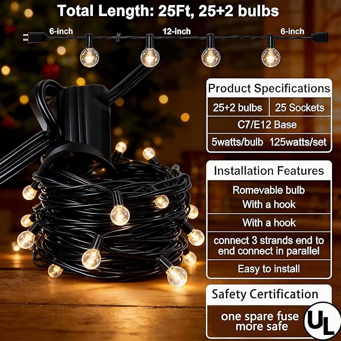 Abeja 25Ft Outdoor Patio String Lights G40 Outdoor Globe String Lights with 27 Clear Bulbs Hanging Light for Porch Backyard Deck Bars Wedding Indoor Decor E12 Base 5W Black Wire