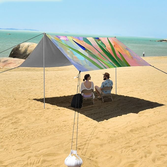 ALAZA Iris Flower Painting Beach Tent Sun Shelter UPF50+ Protection Beach Shade Canopy w/ 4 Sandbags for Outdoor Camping Fishing Backyard Fun Picnic 10x9 ft
