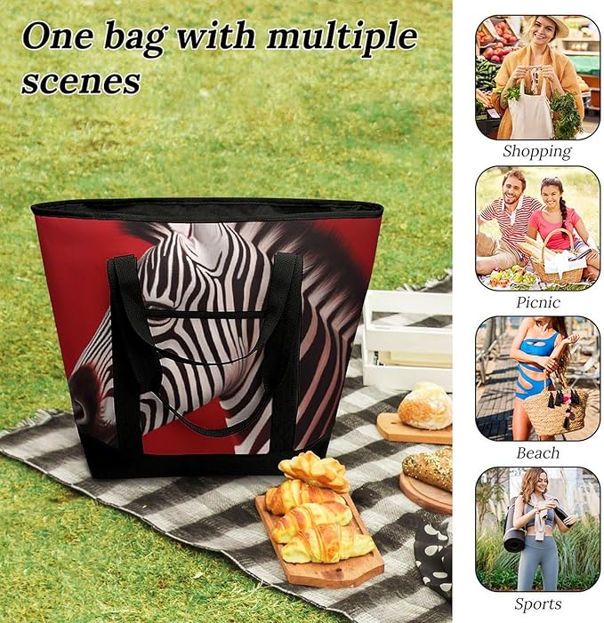 Insulated Shopping BagLarge Reusable Cooler Bags Zebra Red Printed Foldable Shopping BagTravel Waterproof Shoulder Bag