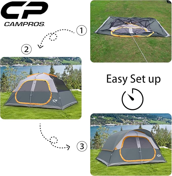 CAMPROS CP Upgraded 6/8 Person Camping Tents Waterproof Windproof Family Tent with Larger Mesh Windows &amp Door Double Layer Easy Set Up All-Season Dome Tent with Top Rainfly &amp Carry Bag