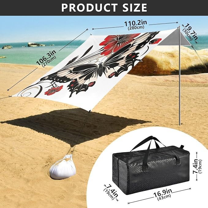 ALAZA Butterfly Red Flower Floral Beach Tent Sun Shelter UPF50+ Protection Beach Shade Canopy w/ 4 Sandbags for Outdoor Camping Fishing Backyard Fun Picnic 10x9 ft