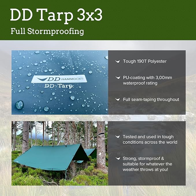 DD Hammocks - DD Tarp 3x3 - Coyote Brown (10ft x 10ft) - 100% Waterproof - Lightweight &amp Multifunctional Rainfly Tarp Tent Shelter for Camping &amp Travel Adventure