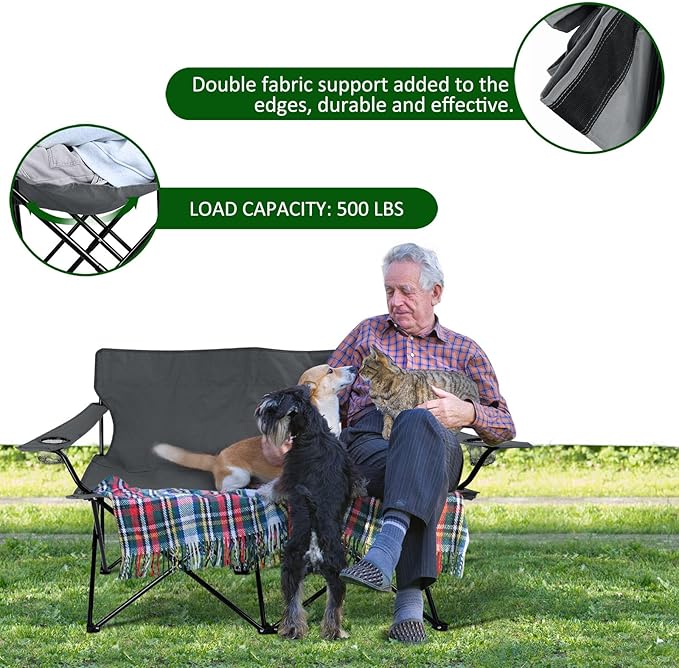 Leonyo Oversized 2 Person Camping Chair Double Camping Loveseat Chair for Adults Foldable &amp Comfortable Double Seat for Lawn Backyard Beach Sports Movie Grey