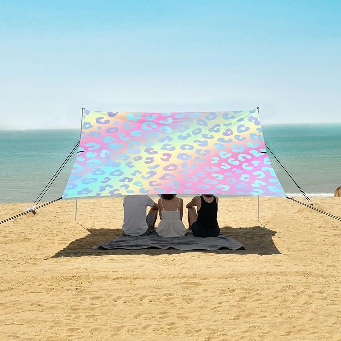 ALAZA Blue Cheetah Print Leopard Rainbow Beach Tent Sun Shelter UPF50+ Protection Beach Shade Canopy w/ 4 Sandbags for Outdoor Camping Fishing Backyard Fun Picnic 10x9 ft
