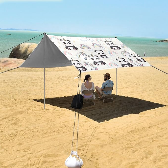 Camping Sun Shelters Cute Panda Unicorn and Cartoon Little Rainbow Beach Canopy 126 * 110.2in