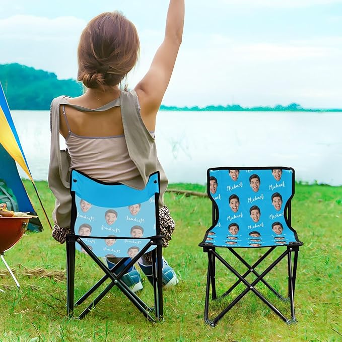 Sinestour Sky Blue Custom Photo Folding Camping Chair for Teen Child Personalized Name 14.6×14.6in Portable Outdoor Chair with Carry Bag for Beach Picnic Barbeques