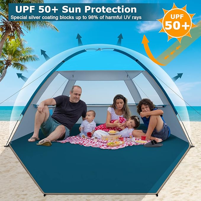 COMMOUDS Beach Tent Sun Shade for 3/4/6/8 Person UPF 50+ Beach Sun Shelter Canopy Tent Lightweight Easy Set Up and Carry