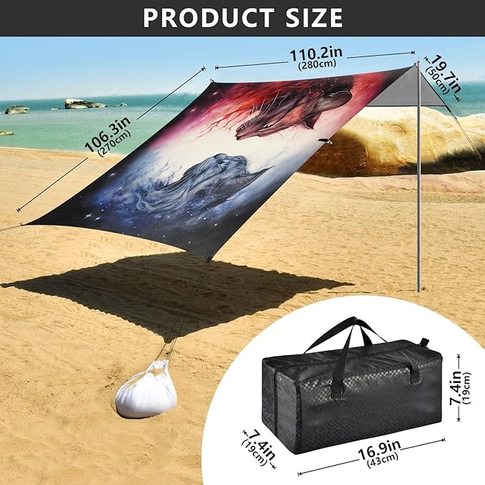 ALAZA Cats in Nebula Beach Tent Sun Shelter UPF50+ Protection Beach Shade Canopy w/ 4 Sandbags for Outdoor Camping Fishing Backyard Fun Picnic 10x9 ft