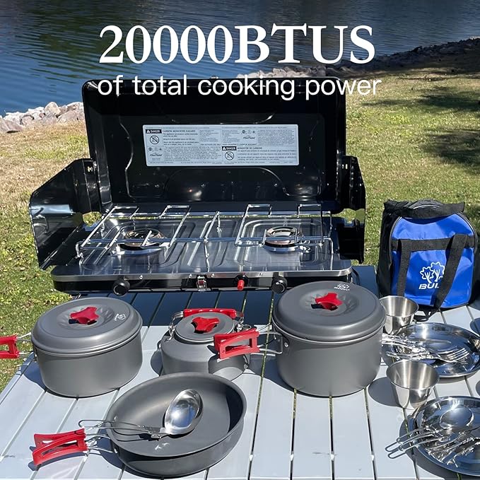Camping Stove 2 Burners Portable Propane camp Stove with Regulator Integrated Igniter &amp Stainless Steel Drip Tray &amp Built-in Handle &amp Foldable Legs for Outdoor Cooking and Travel-20000 B