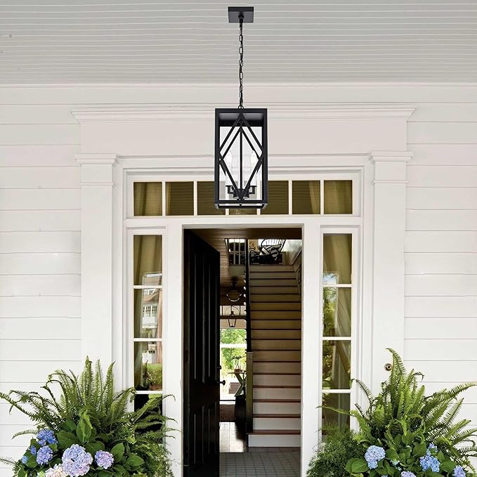3 Light Outdoor Pendant Lights for Porch 15.7'' Waterproof Exterior Hanging Porch Lights Ceiling Mount Outdoor Chandelier with Clear Glass for Front Porch Gazebo Patio White Socket