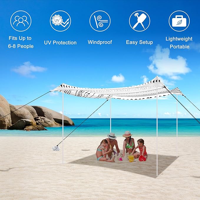 Beach Tent Beach Canopy Sun Shade UPF 50+ Portable 10×10 FT Camping Sun Shelter with Sandbags Poles Ground Pegs and Anti-Wind Ropes Easy Setup for Outdoor Backyard Picnics Fishing