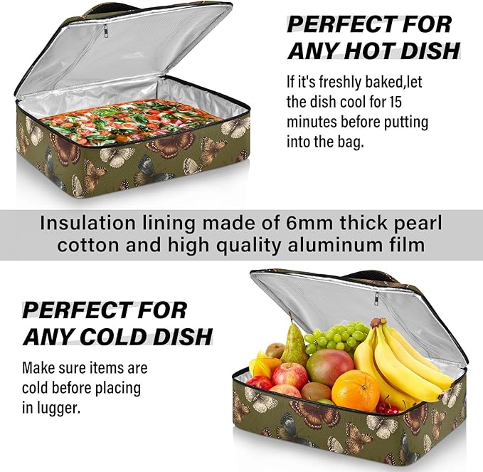 Casserole Carrier Green ButterfliesInsulated Casserole Carrier for Hot or Cold Food Thermal Lunch Tote for Potluck Parties Picnic Beach Fits 9 x 13 Inches Baking Dish
