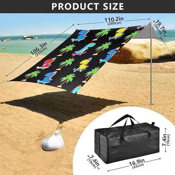 ALAZA Cute Dinosaurs Dino Palm Tree Beach Tent Sun Shelter UPF50+ Protection Beach Shade Canopy w/ 4 Sandbags for Outdoor Camping Fishing Backyard Fun Picnic 10x9 ft