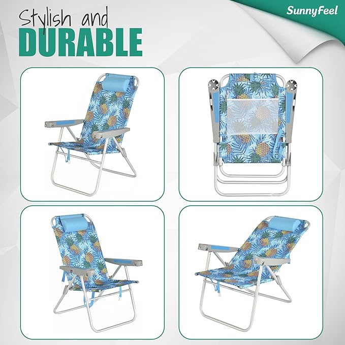 SUNNYFEEL 17 Tall Oversized Beach Chairs 2 Pack for Adults Heavy Duty 500 LBS 5 Position Portable High Folding Camping Chair with Cup Holder for Outdoor/Lawn/Trip Foldable Sand Chairs for Adults