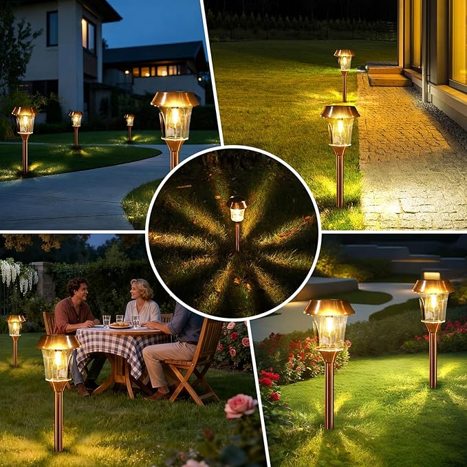 Solar Pathway Lights Outdoor 4 Pack Stainless Steel &amp Glass Solar Garden Lights Auto Dusk to Dawn IP65 Waterproof LED Path Lights for Yard Lawn Walkway Driveway