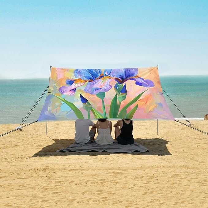ALAZA Iris Flower Painting Beach Tent Sun Shelter UPF50+ Protection Beach Shade Canopy w/ 4 Sandbags for Outdoor Camping Fishing Backyard Fun Picnic 10x9 ft
