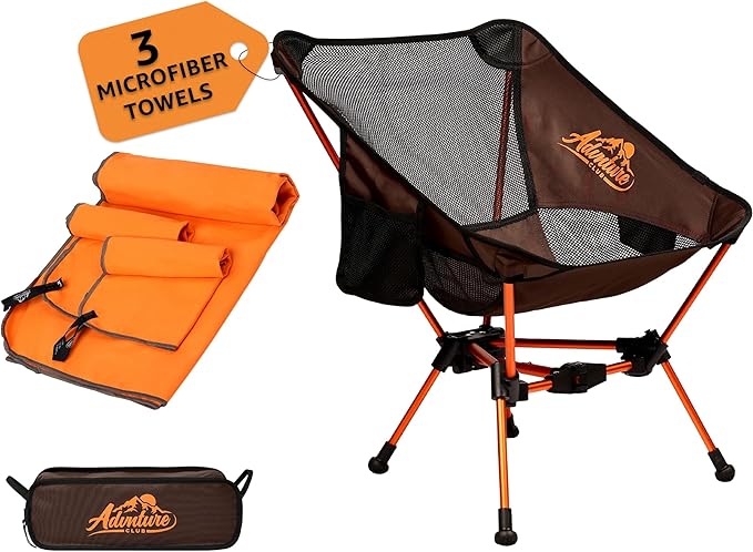 Portable Camping Chair with 3 Towels | Compact Foldable &amp Sturdy - Lightweight Backpacking Chair for Camping Hiking Beach Tailgates and More | 330 Lbs Capacity