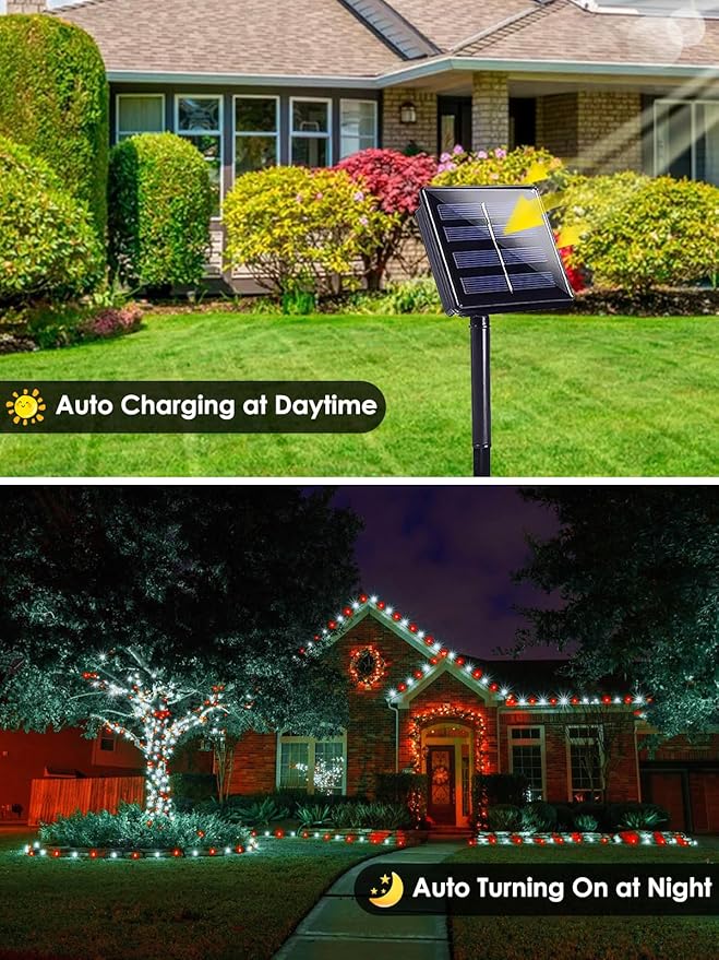 4-pack Red and White Solar Christmas Lights Outdoor Waterproof 400LED 132FT Solar Powered LED String Lights Green Wire with 8 Modes Solar Fairy Lights for Xmas Tree Party Wedding Garden Fence Decor