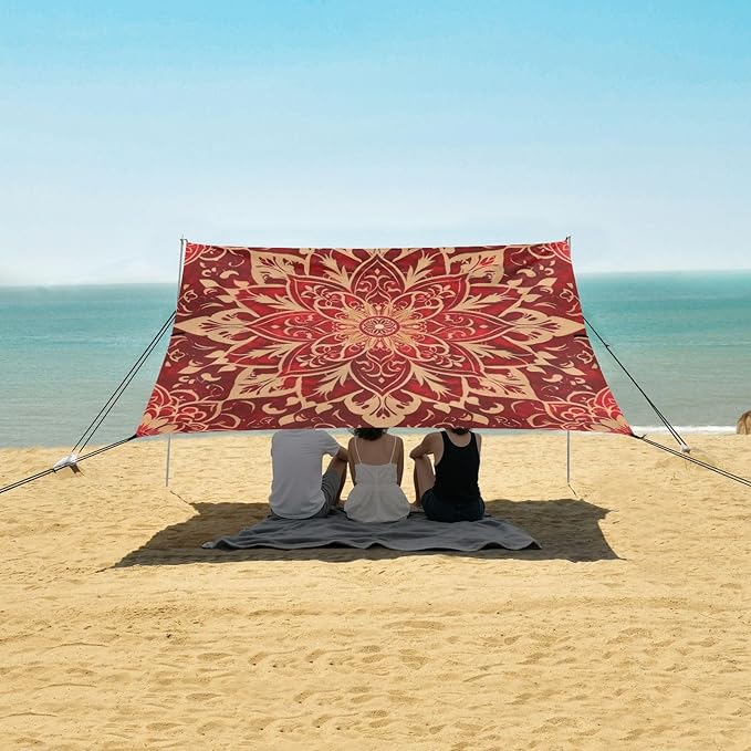 Mandala Red Beach Tent Sun Shelter 9.2' x 10.5' Beach Canopy with 4 Sandbags 4 Stability Poles Sand Shovels - Tent Canopy for Beach Camping Fishing Picnics