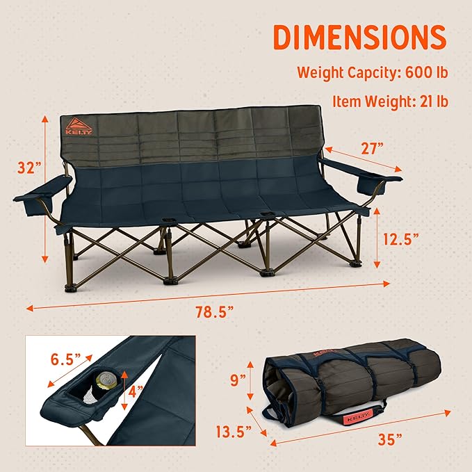 Kelty Lowdown Couch - 3 Person Capacity Camping Chair Extra Large and Sturdy Bench for Campsites Soccer Games and Backyard Parties