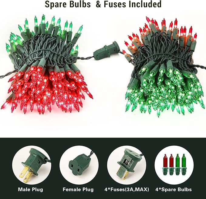 BrizLabs Red &amp Green Christmas Lights 300 Counts 69.6ft Mini String Lights Connectable UL Certified Incandescent Christmas String Lights Plug-in Tree Lights for Indoor Outdoor Xmas Home Decor