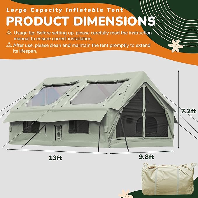 2026 Upgraded Inflatable Tents for Camping 6-8 Person Blow Up Tent with TPU Skylight Mesh Windows Stove Jack &amp Pump Easy Setup 4 Season Large Inflatable Tent Waterproof &amp Windproof