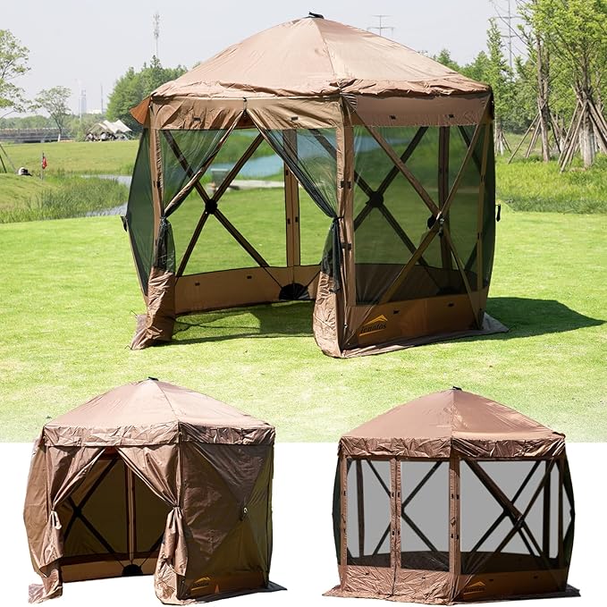 10 x 10 FT Pop Up Screen Tent Portable Outdoor Camping Gazebo with Ground Stakes and Carry Bag Brown