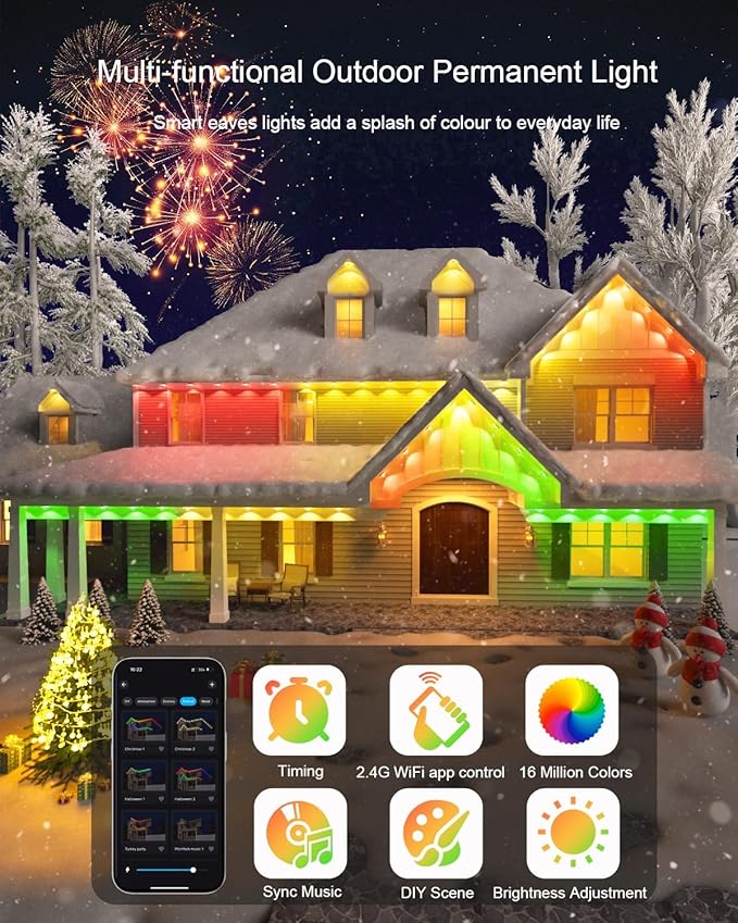 Permanent Outdoor Lights - 100FT Smart AI RGB+IC LED with 72 Lights IP67 Waterproof 75+ Scene Modes Alexa/Google/Remote Control Enabled DIY Music Sync for Christmas Holiday &amp Home Decor Whit