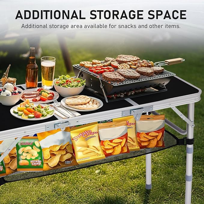 VINGLI Small Folding Table Portable 3FT Aluminum Foldable Camping Table for Picnic Card Table with 3 Adjustable Height &amp Carry Handle for Outdoor Indoor Hiking Camp BBQ Beach-Black