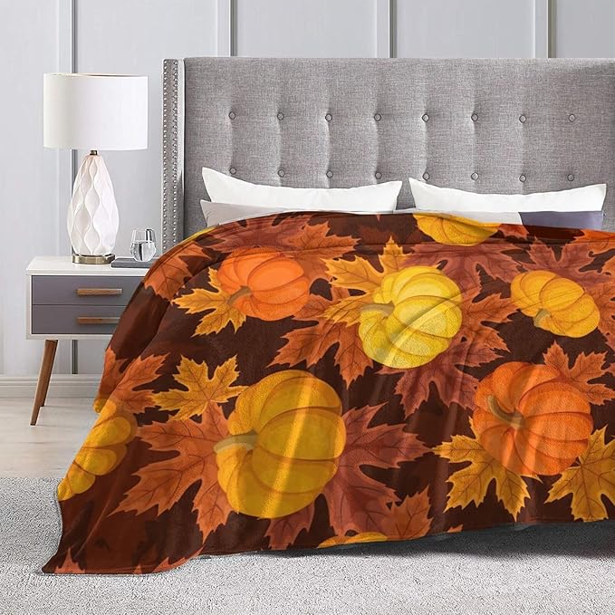 60X50 Fall Pumpkin Lightweight Flannel Blanket - Soft and Breathable Polyester Suitable for Travel Camping and Home Decoration
