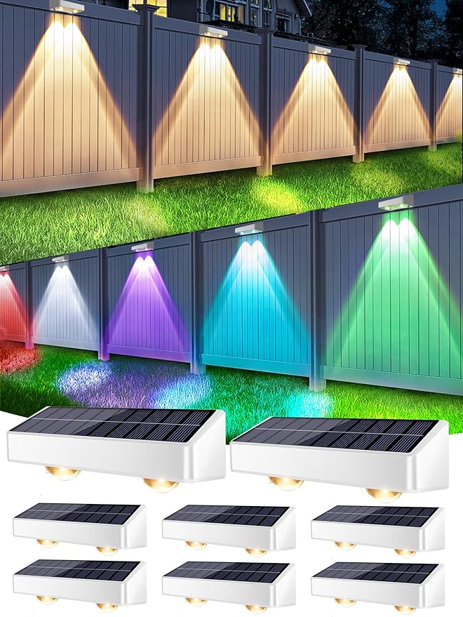 Brizled White Solar Fence Lights Outdoor 11 Modes &amp 9 Colors Color Changing Solar Wall Lights 100 Lumens IP65 Waterproof Outdoor Deck Lighting for Railing Wall Fence Poolside 8 Pack