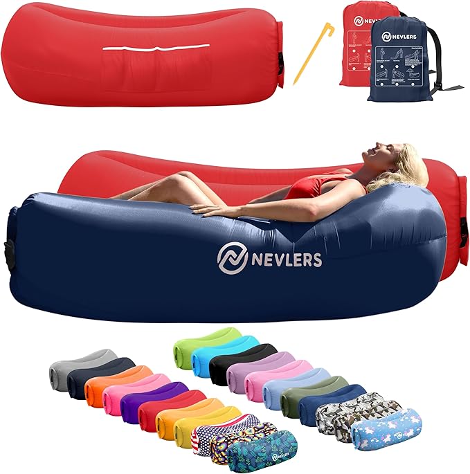 Nevlers Navy &amp Red Inflatable Lounger 2 Pack | 210T Polyester Inflatable Couch | No-Pump Blow Up Chair Set| Inflatable Sofa w/ 450lbs Capacity Pockets &amp Matching Bag for Use as Festival Acces