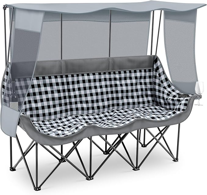 3 Person Camping Chair with Canopy Shade 700lbs Heavy Duty Oversized Beach Camping Chair with Thick Cushion Cup Holder and Carry Bag Foldable Portable Sofa for Lawn Beach Outdoor(Gray)