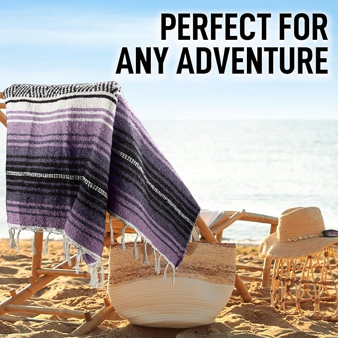 Hydration Nation Authentic Large Handwoven Mexican Blanket - Soft Yoga- Durable Serape- Lightweight Falsa Beach Camping Picnic Outdoor Blanket 70x50 - Lavender Jade
