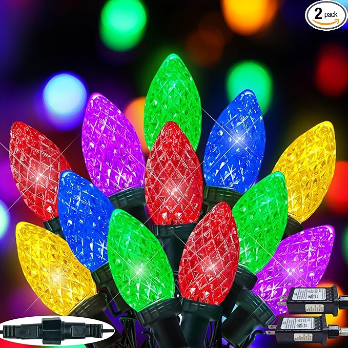 2-Pack Extentable C9 Christmas Lights Outdoor Indoor 66 FT 100 LED Christmas String Lights Plug in with 8 Modes &amp Timer Waterproof Fairy Twinkle Light for Xmas Tree Yard Decorations (Multi-Color