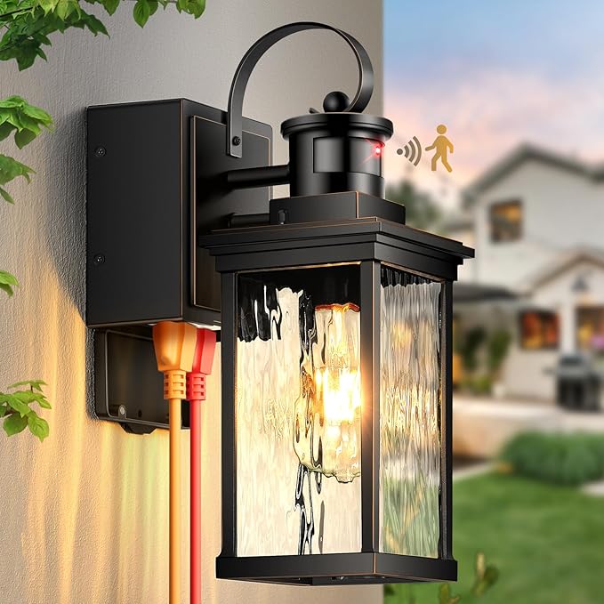 Outdoor Wall Sconce Lights with GFCI Outlet Modern Black Gold Trim Motion Sensor Outdoor Garage Lights Wall Mount Sconce Lantern Die-cast Aluminum Exterior Lighting Fixtures for House Porch
