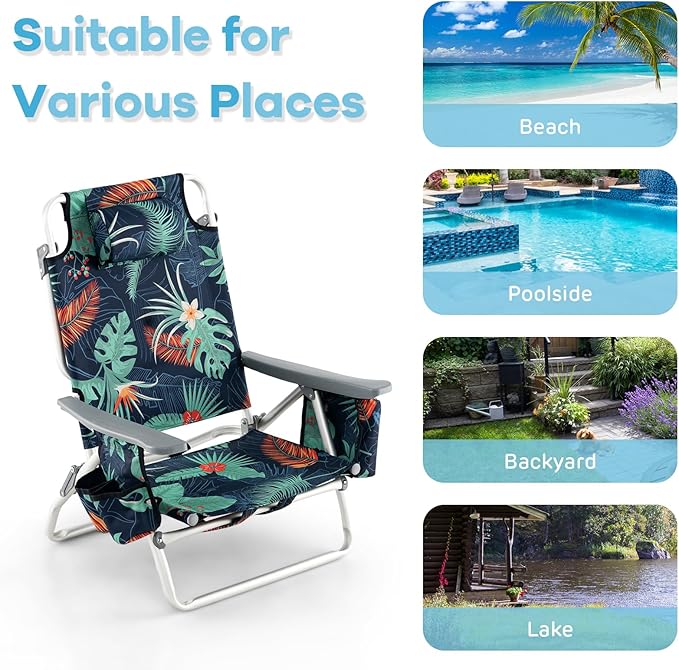 COSTWAY Backpack Beach Chairs Set 3-Piece Portable Camping Chairs with Cup Holder Ice Bag 5-Position Outdoor Reclining Chairs for Adults Travel Sunbathing Support 300 LBS Palm Tree Green