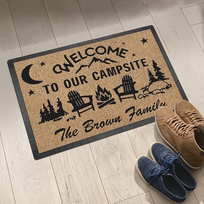 Personalized Welcome To Our Campsite Doormat - Custom Text &amp Family Name Camping Because Therapy is Expensive Door Mat RV Accessories for Inside Outside Camper Decorations Welcome Motorhome Gift