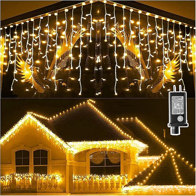 KNONEW 99ft 960 LED Christmas Lights Outdoor Decorations with 180 Drops 8 Modes Curtain Fairy Light Clear Wire LED String Light Indoor Decor for Wedding Party Christmas(Warm White)