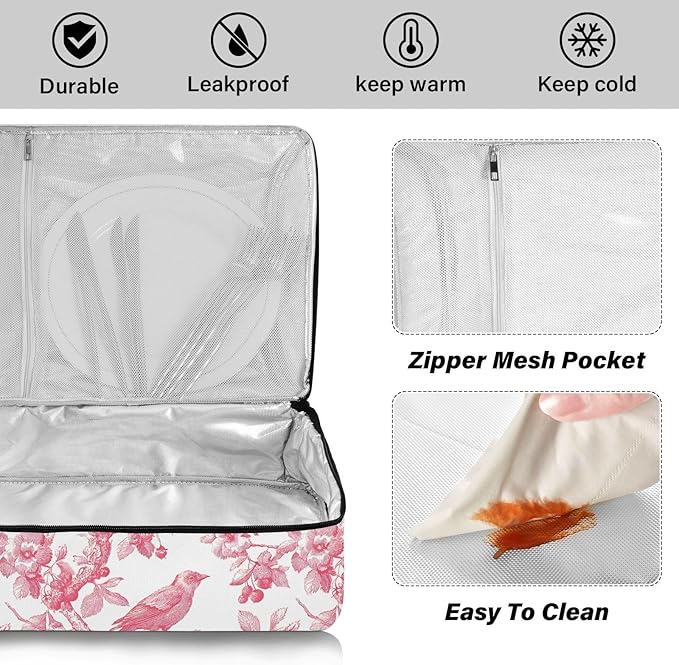 Casserole Carrier Pinkish Birds and Flowers PatternInsulated Casserole Carrier for Hot or Cold Food Thermal Lunch Tote for Potluck Parties Picnic Beach Fits 9 x 13 Inches Baking Dish