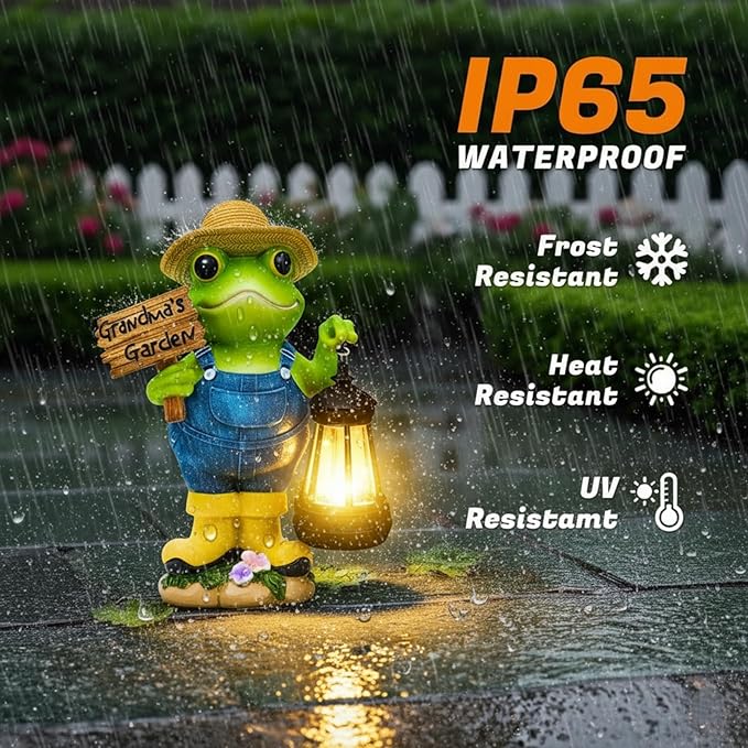 Frog Garden Statue with Solar Light Gardener Frog Decoration with Solar Lantern Light for Home Outdoor Garden Patio and Yard Decor Best Gifts for Mom/Grandma Grandma's Garden