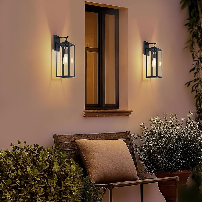 GRUENLICH Dusk to Dawn Outdoor Wall Light Fixtures 18 Inch Black Exterior Waterproof Porch Sconce Lighting E26 Socket &amp Tempered Glass Double Extra Large Size Wall Lantern for Patio Garage 1-P