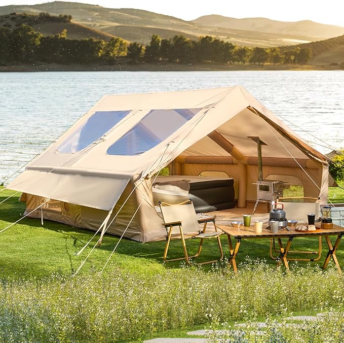 2026 Upgraded Inflatable Tents for Camping 6-8 Person Blow Up Tent with TPU Skylight Mesh Windows Stove Jack &amp Pump Easy Setup 4 Season Large Inflatable Tent Waterproof &amp Windproof