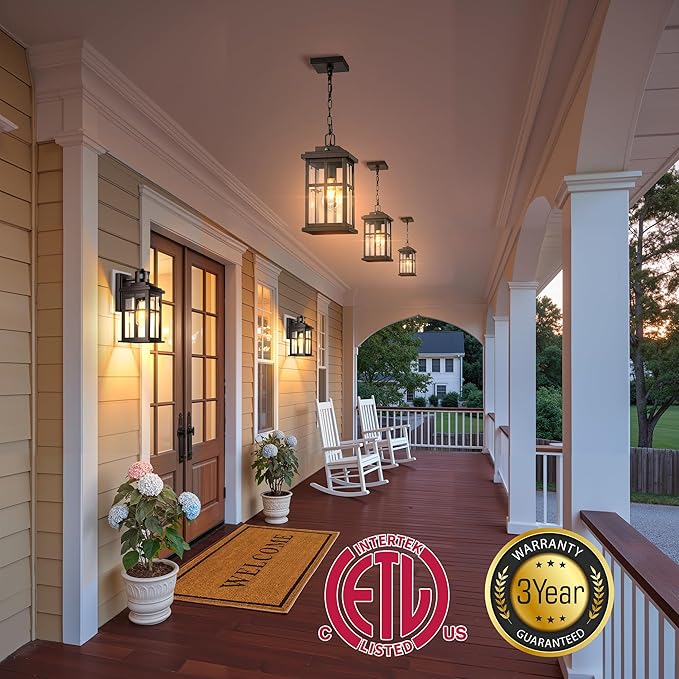 Brown Large Dusk to Dawn Outdoor Pendant Light Outside Hanging Lights with Tempered Glass 100% Aluminum Anti-Rust Outdoor Ceiling Light for Porch House Doorway Waterproof E26 Socket