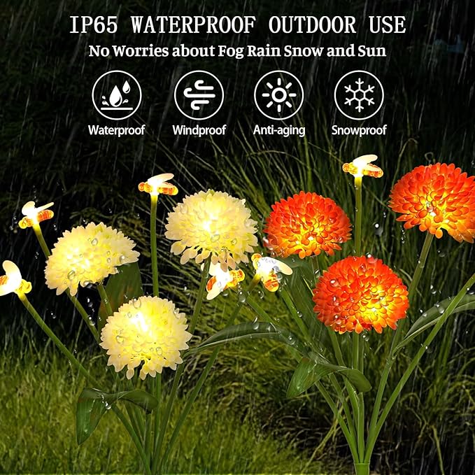 Solar Garden Lights Outdoor Waterproof 2 Packs Solar Swaying Bee Lights with Fake Flowers Fairy Lights Outdoor Patio Yard Pathway Decoration Ideal Gifts for Women Mother's Day